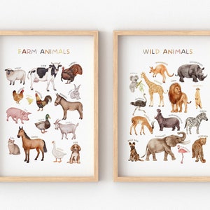 Set of 2 Educational Posters, Farm Animals Poster, Wild Animals Poster, Playroom Learning Prints, Homeschool Decor,Nursery, Digital Download