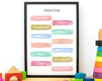 Rainbow Months of the Year Poster, Kids Wall Decor, Educational Print, Playroom Learning Prints, Homeschool Decor, Digital Download