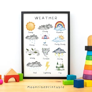 Póster meteorológico, gráfico meteorológico, decoración de pared para niños, impresión educativa, impresiones de aprendizaje en sala de juegos, decoración de escuela en el hogar, descarga digital