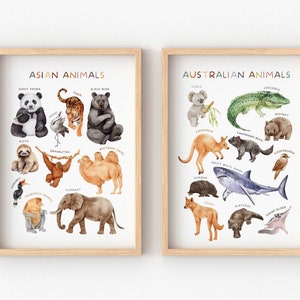 Set of 2 Educational Posters,  Asian Animals Poster,  Australian Animals Poster, Kids Wall Decor, Playroom Learning Prints, Digital Download