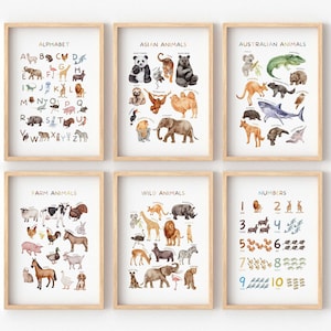 Conjunto de 6 carteles educativos, cartel del alfabeto, cartel de animales de granja, arte de pared para niños, carteles Montessori, impresiones de guardería, descarga digital