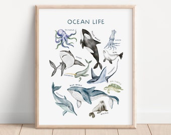 Plakat ze zwierzętami oceanicznymi, dekoracja ścienna dla dzieci, wydruk edukacyjny, wydruki edukacyjne do pokoju zabaw, wystrój do nauki w domu, sztuka ścienna do pokoju dziecięcego, pobieranie cyfrowe