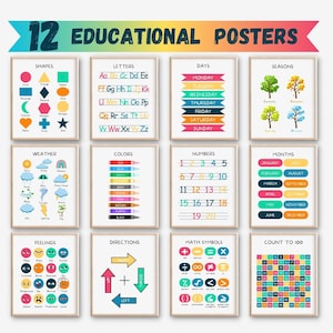 Conjunto de 12 pôsteres educacionais, decoração de sala de aula Montessori, impressões escolares em casa, gráfico de alfabeto de caligrafia arco-íris, ABC infantil, download digital