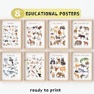 Watercolor Animal Posters for Kids – Educational Alphabet and Animal Names Wall Art Digital Download Set of 8 Nursery Classroom Decor