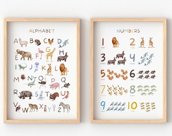 Plakat z alfabetem, plakat z liczbami, wydruki ABC, plakaty edukacyjne, alfabet zwierząt, wystrój pokoju dziecięcego, neutralny wystrój pokoju zabaw, pobieranie cyfrowe
