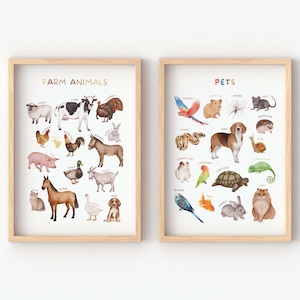 Set of 2 Educational Posters, Animals Poster, Kids Wall Decor, farm animals pets, Playroom Learning Prints,Homeschool Decor,Nursery Wall Art