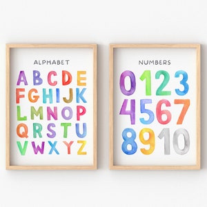 Rainbow Alphabet Poster, Nursery Prints, Educational Wall Art Printable, Homeschool Classroom Decor, ABC Poster, Number Chart 123