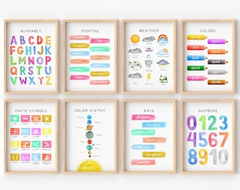 May include: Set of ten colorful educational posters for kids featuring alphabet, months of the year, weather, colors, math symbols, solar system, days of the week, and numbers.