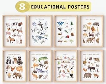 Set van 8 educatieve posters, aquarel kinderen, klasdecor, dierenposters voor kinderen, leerprints speelkamer, kinderkunst aan de muur, digitale download
