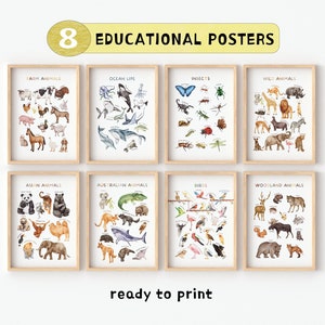 Conjunto de 8 carteles educativos, niños en acuarela, decoración del aula, carteles de animales para niños, impresiones de aprendizaje en salas de juegos, arte de pared para niños, descarga digital