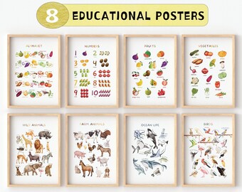 Zestaw 8 plakatów edukacyjnych, wydruk owoców i warzyw, plakat ze zwierzętami dla dzieci, wydruki edukacyjne do pokoju zabaw, sztuka ścienna do pokoju dziecięcego, pobieranie cyfrowe