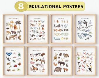 Zestaw 8 plakatów edukacyjnych, plakat alfabetu, wystrój klasy, plakaty ze zwierzętami dla dzieci, wydruki edukacyjne do pokoju zabaw, sztuka ścienna dla dzieci, pobieranie cyfrowe