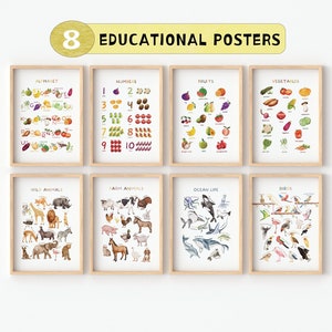 Conjunto de 8 carteles educativos, impresión de frutas y verduras, póster de animales para niños, impresiones de aprendizaje en salas de juegos, arte de pared de guardería, descarga digital