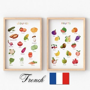 Fruits Vegetables Educational Posters French Edition, Set of 2 Watercolor Printable, Kid Playroom Decor, Nursery Prints, Digital Download