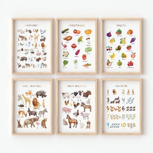 Set of 6 Educational Posters, Fruits Vegetables Posters, Animals posters Decor, Alphabet Learning Prints, Kids Wall Art, Digital Download