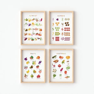 Carteles educativos de frutas y verduras, conjunto de 4 acuarelas Montessori imprimibles, cartel del alfabeto, decoración de la sala de juegos para niños, descarga digital