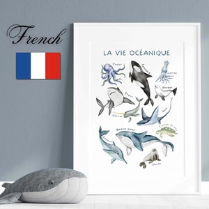 Póster de animales del océano, edición francesa, decoración de pared para niños, impresión educativa, aprendizaje en la sala de juegos, decoración de la escuela en casa, arte infantil, descarga digital