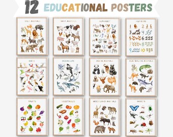 Set van 12 educatieve posters, aquarel kinderen, decor klas, dierenposters, posters speelkamer, posters fruit groenten, digitale download