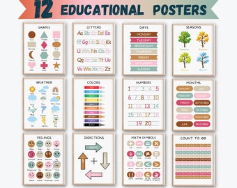 Juego de 12 carteles educativos, decoración de aulas, arte de pared para guarderías, impresiones de aprendizaje para salas de juegos, impresiones para educación en el hogar, Montessori, descarga digital