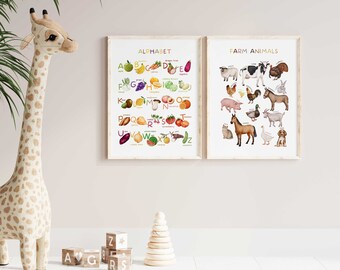 Plakat Farm, Plakat Alfabetu, Wydruki ABC, Plakaty Edukacyjne o Zwierzętach, Nauka Dzieci, Wystrój Przedszkola, Neutralny Wystrój Pokoju Zabaw, Pobieranie Cyfrowe