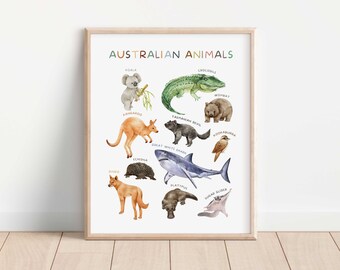 Cartel de animales australianos, decoración de la pared de los niños, impresión educativa, impresiones de aprendizaje de la sala de juegos, decoración de la escuela en el hogar, arte de la pared de la guardería, descarga digital