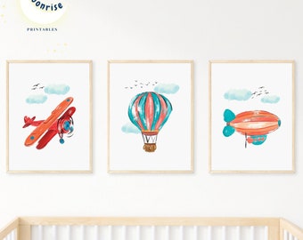 Set of 3 Airplane Prints, Kids Room Wall Art, Aviation Plane Nursery Decor, Watercolor Painting, Piper Cub Floatplane, Blimp,Hot Air Balloon