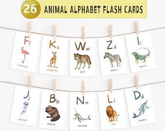 Karty Flash Alfabetu Zwierząt do Wydruku, Dekoracja Klasy, 26 Kart Montessori, Przedszkole, Nauka, Karty Edukacyjne, POBIERANIE CYFROWE
