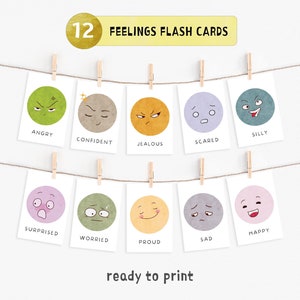12 Feelings Cards, Montessori flashcards, Feelings Chart, Pre-School Cards, Rainbow Emotions Chart, learning Flash Cards, Instant Download
