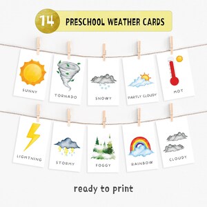 14 Weather Cards, Montessori flashcards, Pre-School Cards, Learning Shape, Rainbow Educational Printable Cards, Instant Download