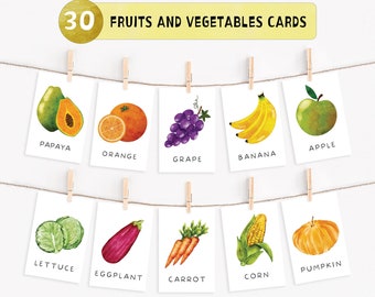 30 Fruits and Vegetables Cards,Printable Flash Cards, Preschool Learning Materials, Watercolor Educational Printable Cards, INSTANT DOWNLOAD