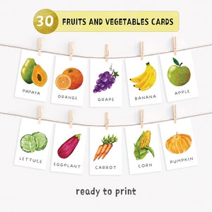 30 Fruits and Vegetables Cards,Printable Flash Cards, Preschool Learning Materials, Watercolor Educational Printable Cards, INSTANT DOWNLOAD