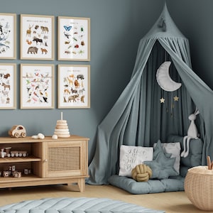 Op de afbeelding: Een lichtblauwe kinder speel tent met een witte halve maan die aan de bovenkant hangt. De tent is opgezet in een kamer met een lichtblauwe muur en een houten kast met een speelgoedtrein en blokken erop. Er hangen zes ingelijste posters aan de wall met illustraties van verschillende dieren, waaronder zeeleven, wilde landdieren, insecten, boerderijdieren, vogels en wilde dieren.