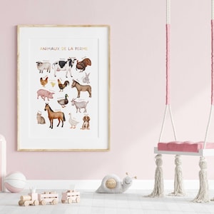 May include: A framed print titled "Animaux de la Ferme" (Farm Animals) featuring watercolor illustrations of various farm animals. The artwork is in a gold frame, displayed in a pink room with a swing and toys.