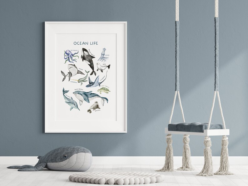 Op de afbeelding: Een witte ingelijste print met de titel "Ocean Life" met aquarel illustraties van verschillende zeedieren, waaronder een octopus, walvis, haai, dolfijn en zeeschildpad.