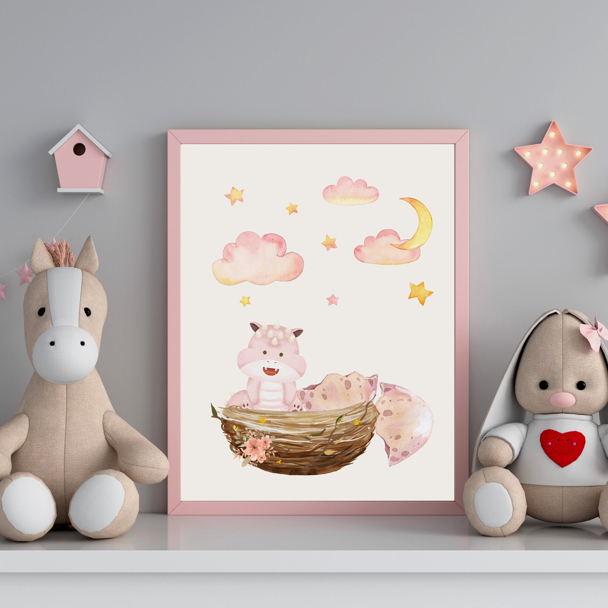 Nursery printable art set, DIY nursery decor, Dragon prints, Mythical creatures, stars and dragons nursery art, Fairytale baby dragon, pink