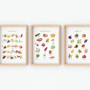 Fruits Vegetables Educational Posters, Set of 3 Watercolor Montessori Printable, Kid Playroom Decor, Nursery  Prints, Digital Download