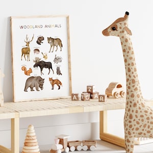 Op de afbeelding: Een ingelijste poster met de titel "WOODLAND ANIMALS" en illustraties van verschillende bosdieren, waaronder een hert, een wolf, een beer, een eland, een eekhoorn, een vos en een konijn. De poster hangt aan een witte muur boven een houten bank met een knuffeldier in de vorm van een giraffe ernaast.