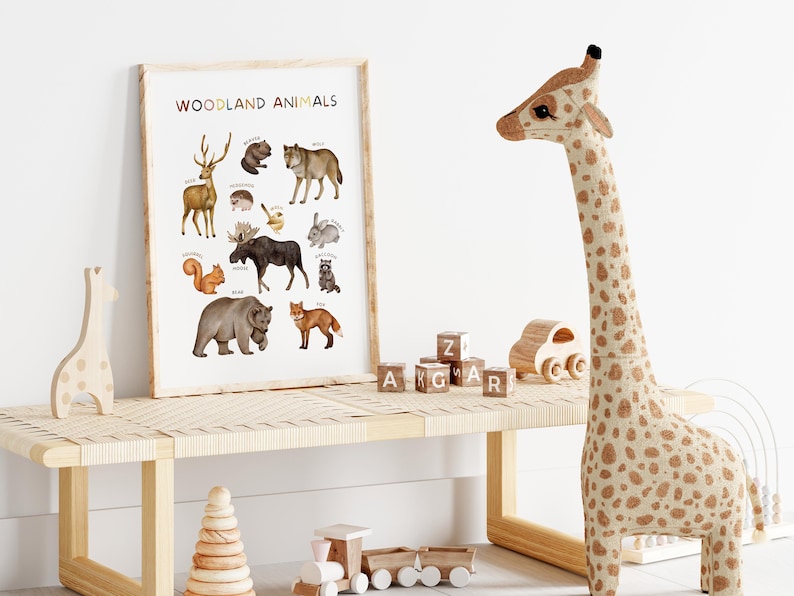 Op de afbeelding: Een ingelijste poster met de titel "WOODLAND ANIMALS" en illustraties van verschillende bosdieren, waaronder een hert, een wolf, een beer, een eland, een eekhoorn, een vos en een konijn. De poster hangt aan een witte muur boven een houten bank met een knuffeldier in de vorm van een giraffe ernaast.