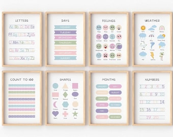 Set of 8 Educational Posters, Nursery Wall Art, Classroom Decor, Playroom Learning Prints, Homeschool Prints,back to school,Digital Download