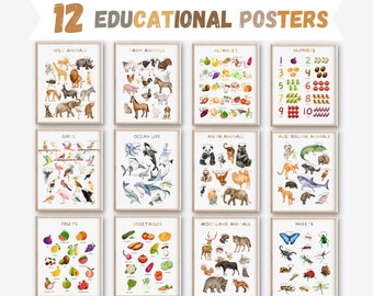 Zestaw 12 plakatów edukacyjnych, plakaty z owocami i warzywami, plakaty ze zwierzętami, dekoracje, wydruki do nauki alfabetu, sztuka ścienna dla dzieci, pobieranie cyfrowe