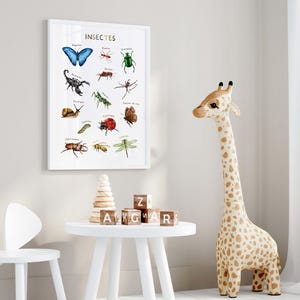 May include: A framed print titled "Insectes" displays watercolor illustrations of various insects, including a blue butterfly, a green beetle, and a scorpion. The print is displayed in a child's room with a giraffe toy and a small white table.