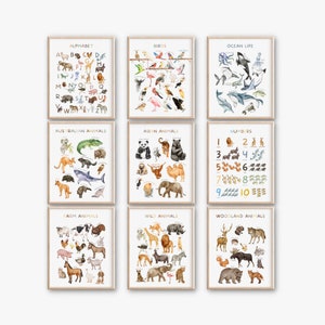 Set of 9 Educational Posters, Alphabet Poster, Classroom Decor, Kids Animal Posters, Playroom Learning Prints,Kids Wall Art,Digital Download