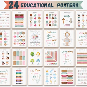 Lot de décoration pour la salle de classe, lot de 24 affiches éducatives, impressions pour l'école à la maison, Montessori, ABC pour tout-petits, tableau de l'alphabet, téléchargement numérique