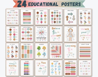 May include: Set of 24 educational posters for children. The posters feature colourful illustrations and text covering topics such as letters, days of the week, shapes, feelings, directions, body parts, fractions, maths symbols, telling the time, seasons, multiplication, colours, weather, months, and numbers.