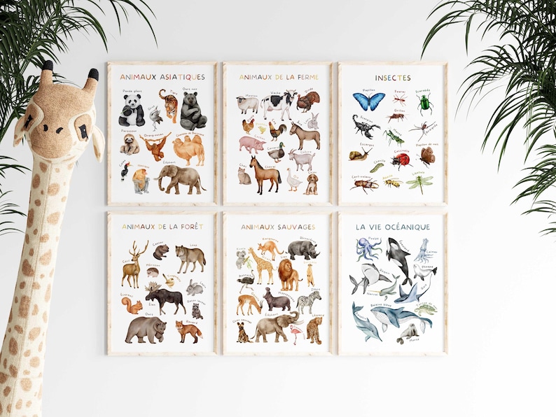 May include: Six framed educational posters featuring watercolor illustrations of animals. The posters are labeled in French with titles such as "Asian Animals," "Farm Animals," "Insects," "Forest Animals," "Wild Animals," and "Ocean Life."