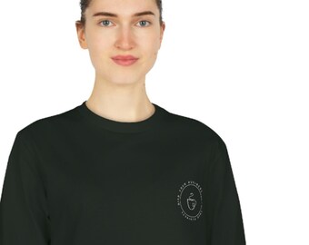 May include: A dark green long-sleeved sweatshirt with a small, circular, white embroidered design on the left chest. The design features a stylized coffee cup with the text "The Daily Grind" around it.