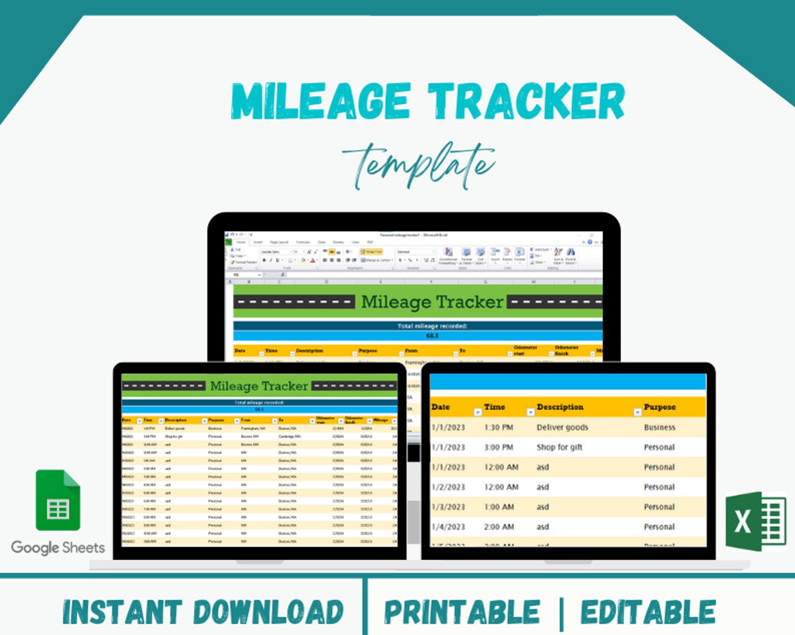 Mileage Tracking Spreadsheet Excel, Google Sheets, Mileage Tracker ...