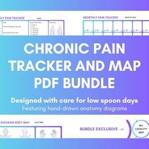 May include: A digital PDF bundle titled "CHRONIC PAIN TRACKER AND MAP." The design features a gradient background with teal and purple accents. The bundle includes daily and monthly pain trackers, body maps, and a capacity map, designed with hand-drawn anatomy diagrams.