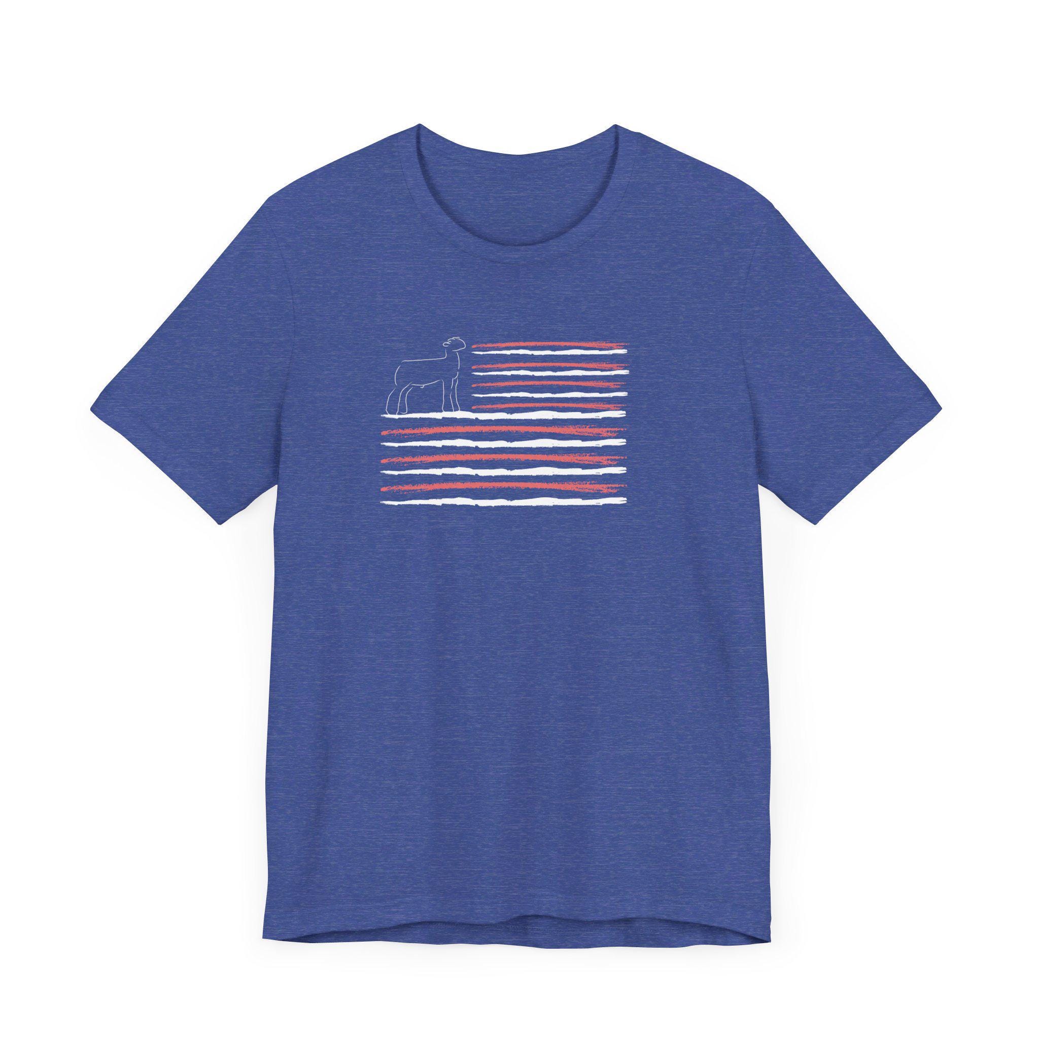 Show Lamb American Flag T-Shirt, Show Livestock, Show Stock, Lamb, Tapered, USA, Flag, Blue