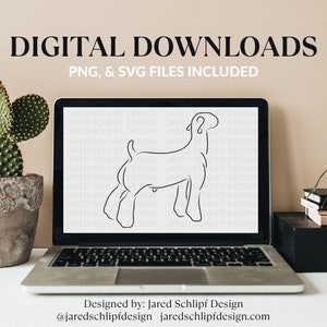 May include: A digital download of a line drawing of a goat, with the text "DIGITAL DOWNLOADS PNG, & SVG FILES INCLUDED" above the image and "Designed by: Jared Schlipf Design @jaredschlipfdesign jaredschlipfdesign.com" below the image.